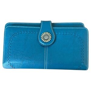 Women’s Large Bifold Wallet Wristlet Snap Zip Multi Card Compartments Teal Blue